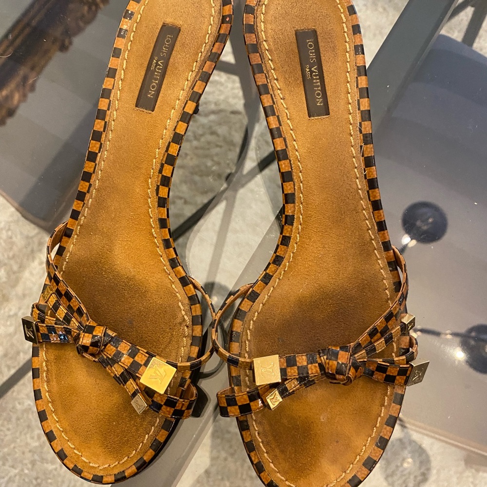 Louis Vuitton Check Kitten Heel Preowned Bow Sandals